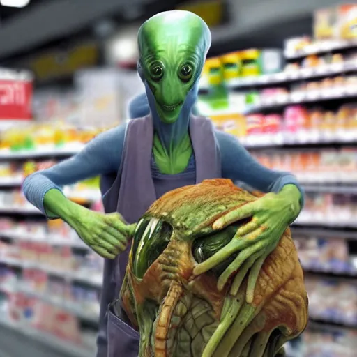 Image similar to mid shot of an realistic alien dressed by emidio tucci buying groceries at the store, shot by amanda carlson and alex strelkovv, professional photo, masterpiece, very detailed, hyper - realistic, unreal engine, straight face, cinematic, 4 k