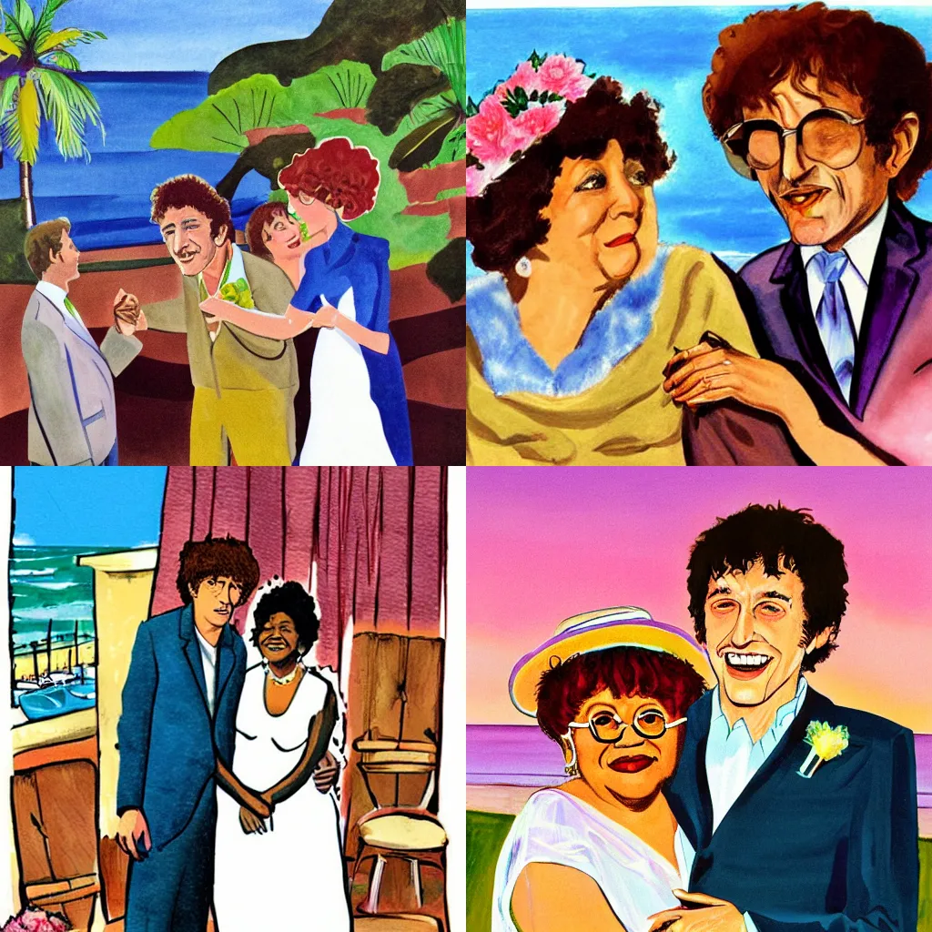 Prompt: the malibu beach wedding of Bob Dylan and Moms Mabley, color pulp illustration by Margaret Brundage