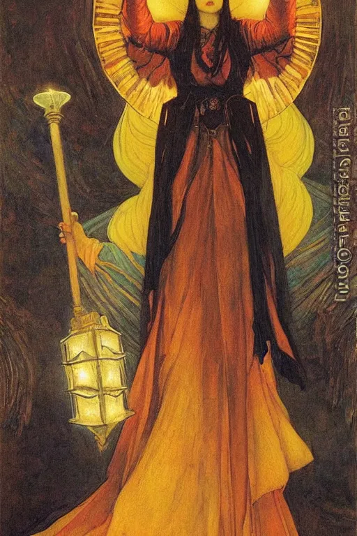 Image similar to queen of the dark angels with her lantern by Annie Swynnerton and Nicholas Roerich and jean delville, strong dramatic cinematic lighting , ornate headdress , flowing robes, lost civilizations, smooth, sharp focus, extremely detailed