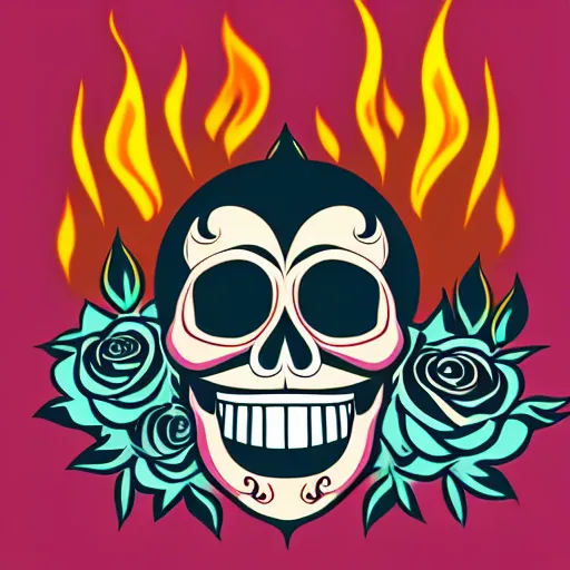 Prompt: a retro minimalistic wide smiling skull with fire flame and roses, hd, paint splash, behance