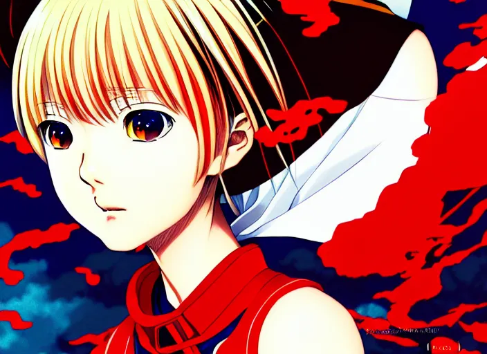 Image similar to editorial illustration colorful anime portrait of shiina ringo, murata range, last exile, yoh yoshinari, studio trigger, anime, manga, ilya kuvshinov, fine texture, realistic shading, fine details, matte colors, dramatic lighting, dynamic composition, moody, vivid, volumetric, stippled lighting, cinematic