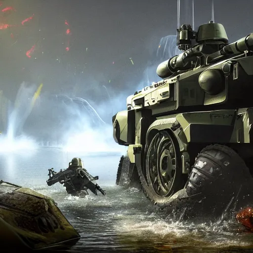 Image similar to amphibious mobile combat armor stepping out of a pond with a lazer rifle dripping water. film still. brightly lit scene. this 4 k hd image is trending on artstation, featured on behance, well - rendered, extra crisp, features intricate detail, epic composition and the style of unreal engine.