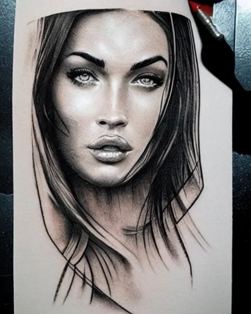 Image similar to realism tattoo design sketch of megan fox blended with beautiful mountain scenery, in the style of dan mountford, double exposure photography, hyper realistic, amazing detail, black and white