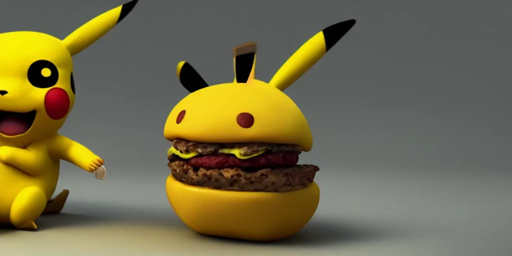 Image similar to a realistic Pikachu eating a hamburger, digital art, close shot, highly detailed, hyperrealistic, photorealistic, unreal engine 5, made by a professional 3d artist, dynamic lighting, trending on artstation, 4k uhd, epic composition