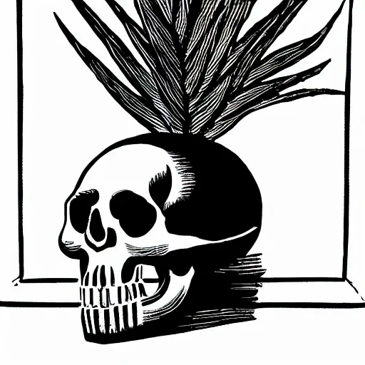 Prompt: black and white linocut print of a skull sitting on top of a wifi router on a table, next to a plant