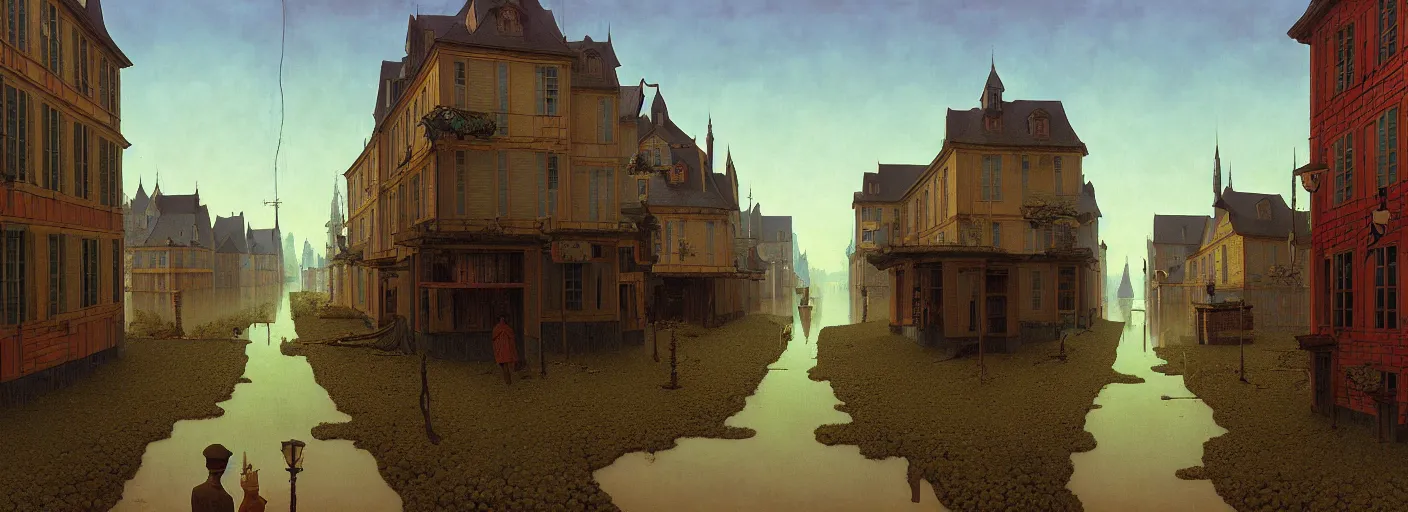 Prompt: flooded old wooden city street, very coherent and colorful high contrast masterpiece by rene magritte simon stalenhag carl spitzweg jim burns, full - length view, dark shadows, sunny day, hard lighting, reference sheet white background