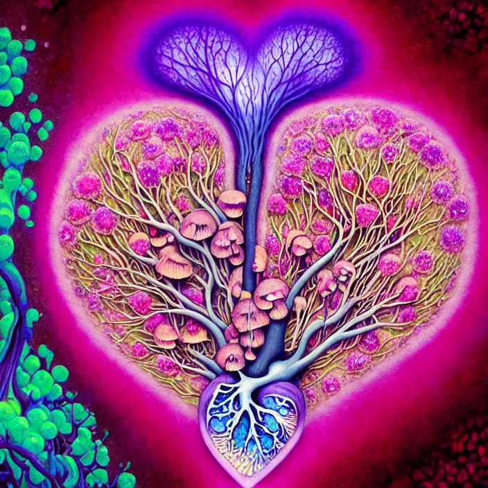 Image similar to extremely psychedelic organic human heart made of orchid and cherry blossom tree and mushroom, LSD, diffuse lighting, fantasy, intricate, elegant, highly detailed, lifelike, photorealistic, digital painting, artstation, illustration, concept art, smooth, sharp focus, art by John Collier and Albert Aublet and Krenz Cushart and Artem Demura and Alphonse Mucha