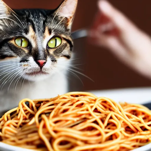 Prompt: cat eating spaghetti with a spoon