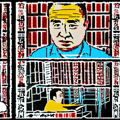 Image similar to uyghur Uighur in a prison behind bars, organ harvesting, in the style of daniel johnston and outsider art, 8k, line brush, overlaid with chinese adverts