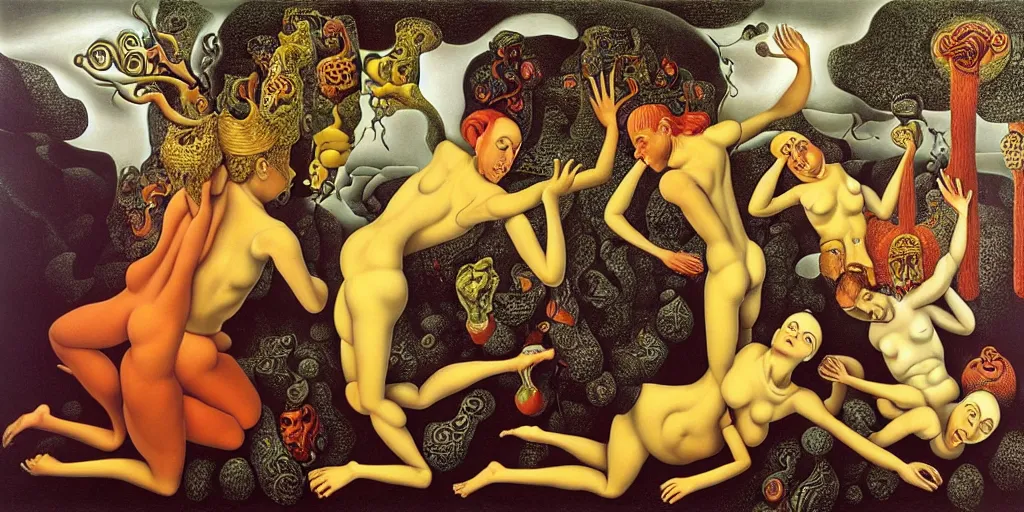 Image similar to the three fates, pain, pleasure, suffering, adventure, love, abstract oil painting by mc escher and salvador dali and raqib shaw