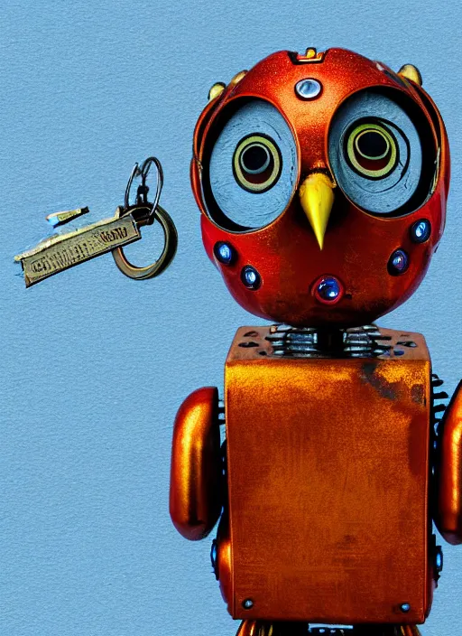 Image similar to colored pencil and pen drawing of an animatronic robot owl, bird made from rusty old keys and padlocks, 8 k photorender realityengine