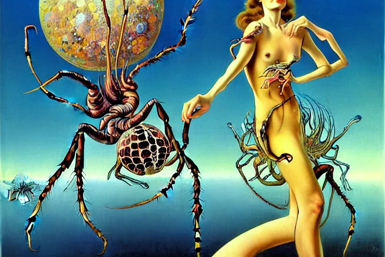 Image similar to realistic extremely detailed portrait painting of a fully dressed woman with a giant spider, futuristic sci-fi landscape on background by Amano, Yves Tanguy, Alphonse Mucha, Ernst Haeckel, Edward Robert Hughes, Roger Dean, rich moody colours, blue eyes