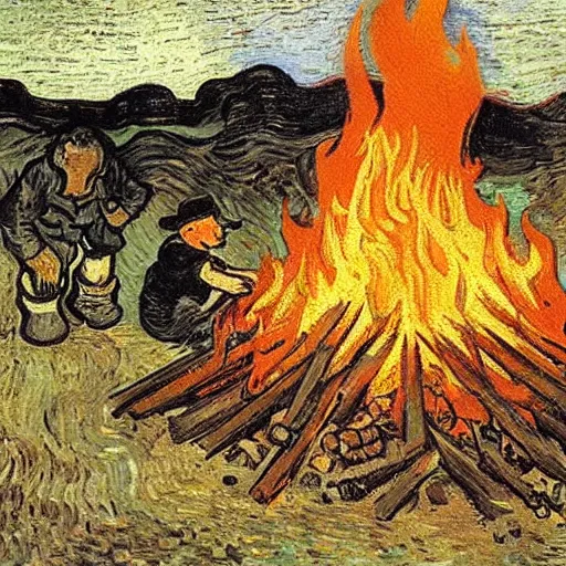 Image similar to painting of a man in hell making smores, bag of marshmallows, fire everywhere, by van gogh.