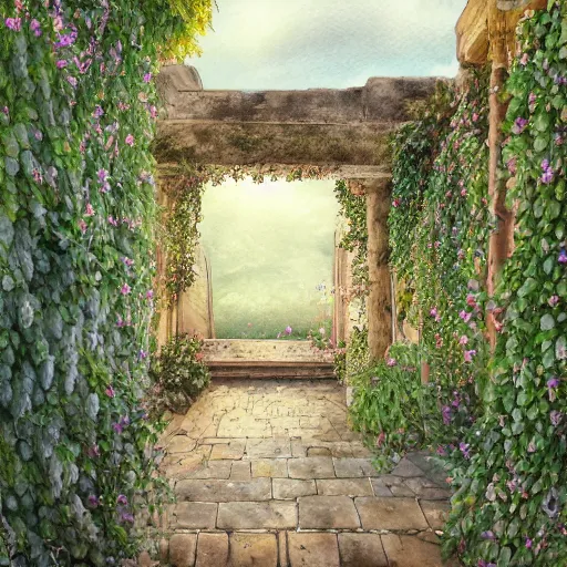 Image similar to delicate garden on paper, floating robes, puffy, vines, botanical herbarium, botanic watercolors, coastline, iridescent, 8 k wide angle, realistic shaded, fine details, artstation, italian, rainbow, colonnade, oak, pinecone, gardena architecture, pompeii, naples, sicilian, boundary wall