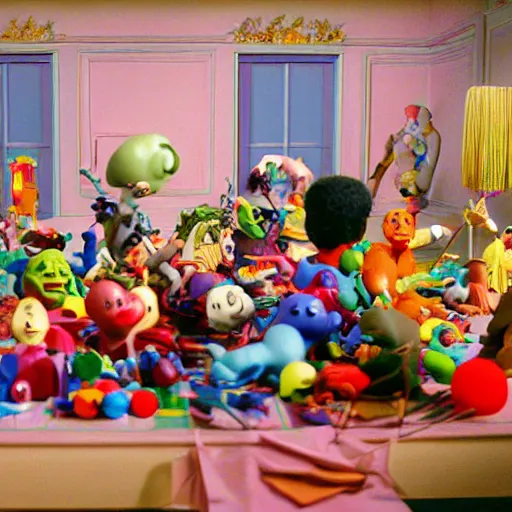 Image similar to a claymation film still of a toy / collection / ethnographic museum / claymation by jeff koons