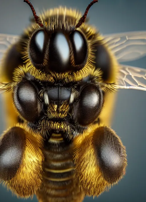 Prompt: highly detailed macro photo of a bee, stephen bliss, unreal engine, global illumination, radiant light, detailed and intricate environment