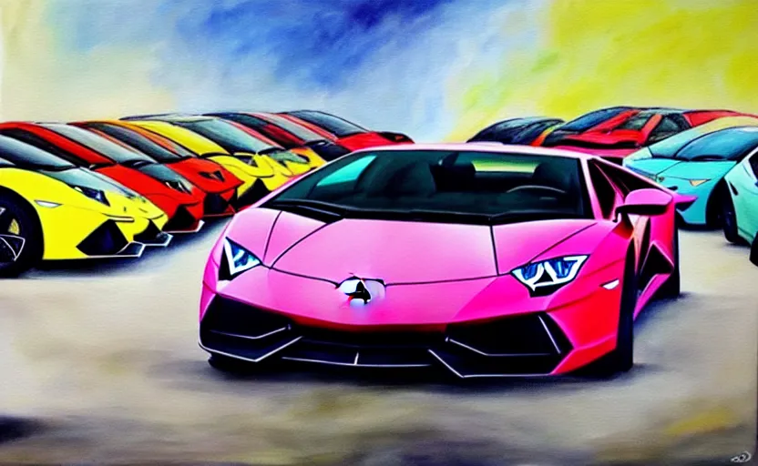 Prompt: a surreal colourful painting of a lamborghini surrounded by very very impressive female models