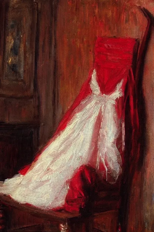 Image similar to an empty red dress laid across a chair in a dark victorian era room. in the style of american impressionism painting.