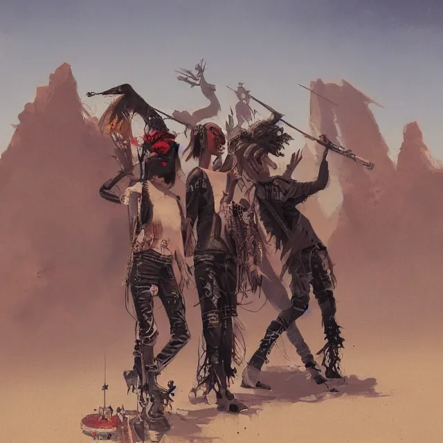 Image similar to a painting of a punk band in the desert by greg rutkowski, dark fantasy art, high detail, trending on artstation