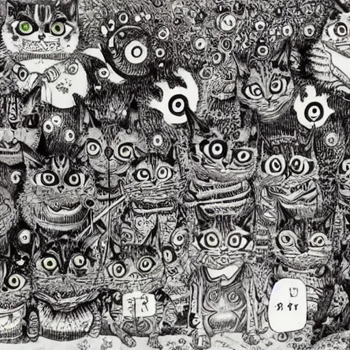 Prompt: A collaboration manga between Louis Wain and Junji Ito