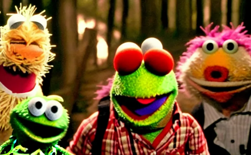 Prompt: the movie Friday the 13th but it's all muppets vfx film