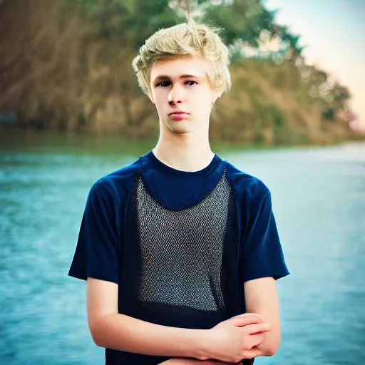 Prompt: Portrait of a sad looking teenage boy, around 20 yo, natural blonde hair and smooth pale skin. Fisher net tank top, Award winning photograph.