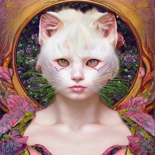 Image similar to white cat girl, botanical, portrait face, colorful, frantisek kupka, intricate, miles johnston, kuroda seiki, cynical realism, ozabu, john william godward, painterly, yoshitaka amano, moebius, miles johnston, louise zhang, james jean, mark ryden lowbrow pop surrealism art style