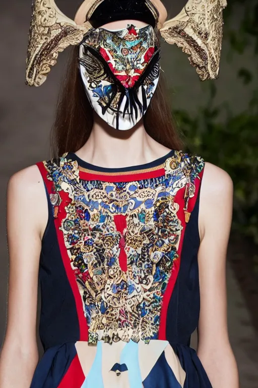 Prompt: valentino resort ss 2 0 1 6 dress with ornate mask headpiece