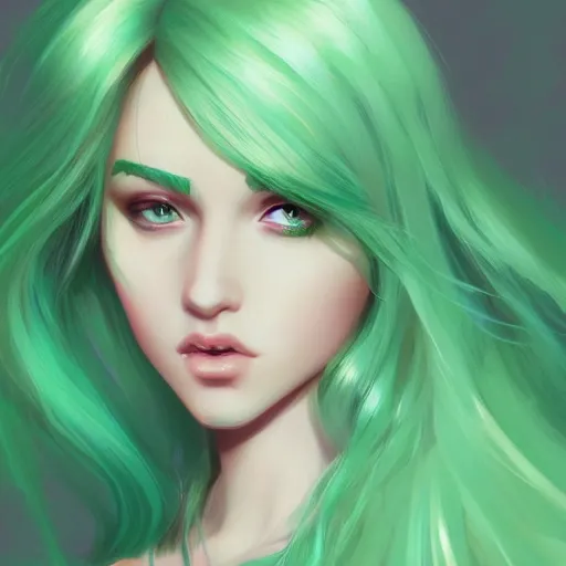 Image similar to teen girl, light green hair, gorgeous, amazing, elegant, intricate, highly detailed, digital painting, artstation, concept art, sharp focus, illustration, art by Ross tran