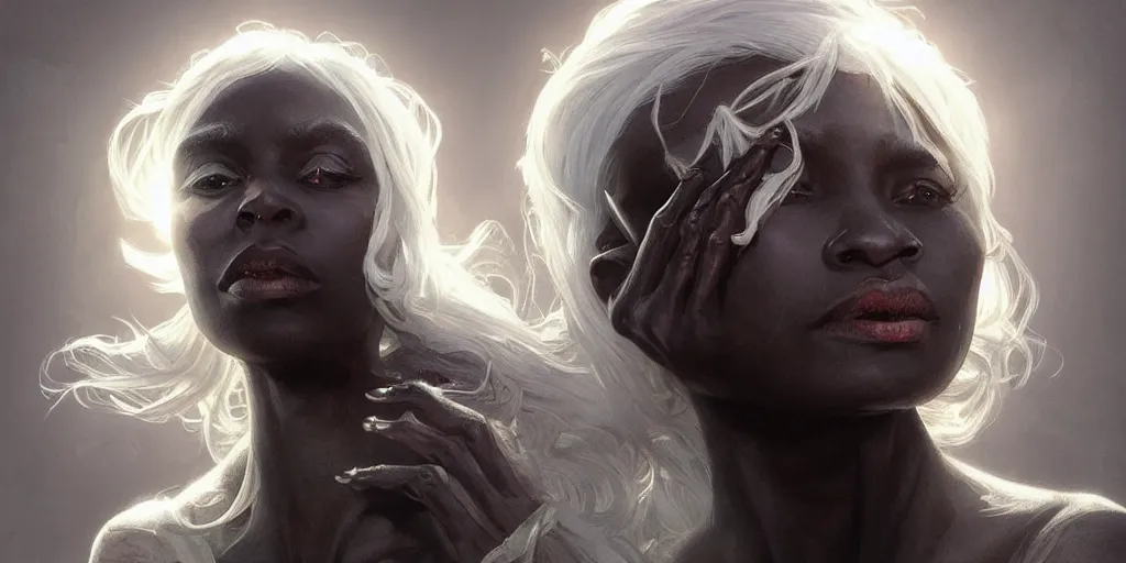 Image similar to drow black skin, many hands, gnarled fingers, intense black eyes, intense white hair, intense lighting, light beams, lens flare, intricate, elegant, highly detailed, digital painting, artstation, concept art, smooth, sharp focus, illustration, art by artgerm and greg rutkowski and alphonse mucha