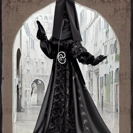 Image similar to female character inspired by venice carnival and nun | | art by greg rutswork and lois van barlee