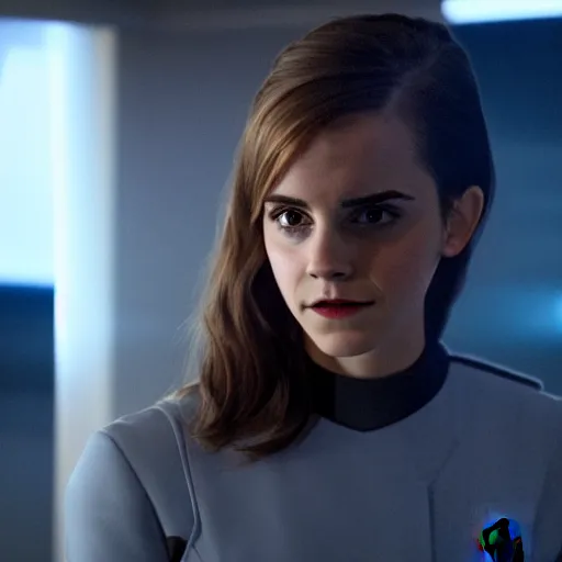 Image similar to Emma Watson in Star Trek, XF IQ4, f/1.4, ISO 200, 1/160s, 8K, Sense of Depth, color and contrast corrected, unedited, Dolby Vision, symmetrical balance, in-frame