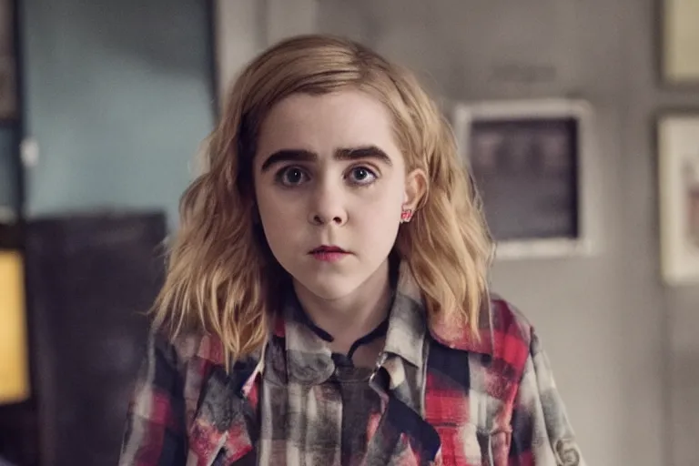 Image similar to promotional image of kiernan shipka as a punk in a new movie, detailed face, movie still frame, promotional image, imax 70 mm footage