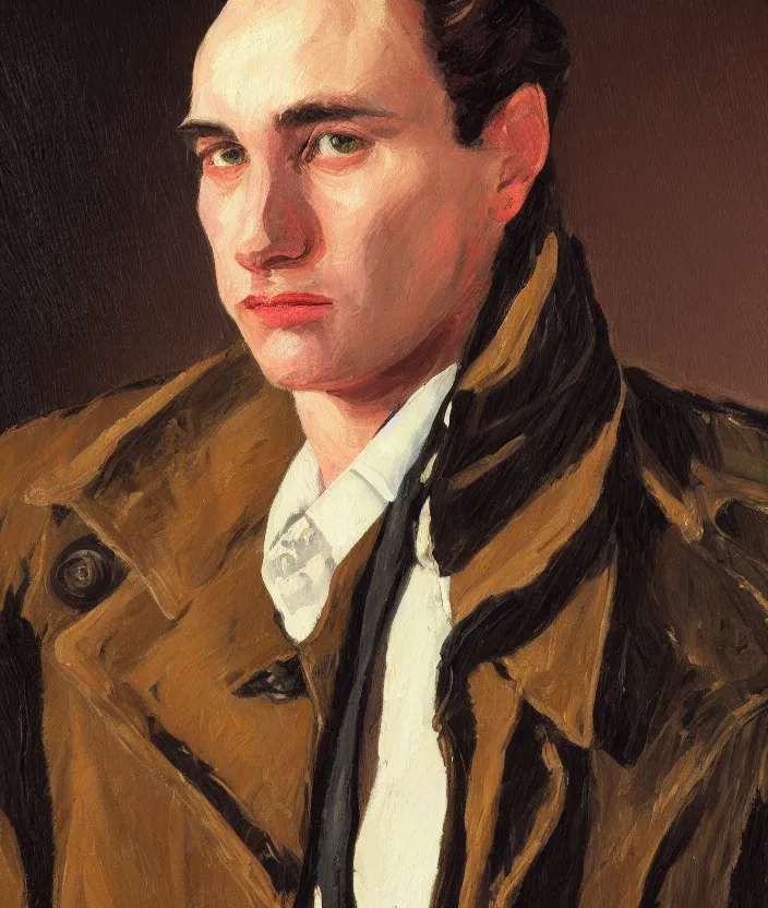 Image similar to a very detailed portrait of a man, wearing an 8 0 s jacket with big shoulder pads, very aesthetic leather jacket, detailed closeup of leather jacket, front view, in the style of edward hopper and oswald hornby joseph birley and susan ryder, very small brushstrokes, 4 k,