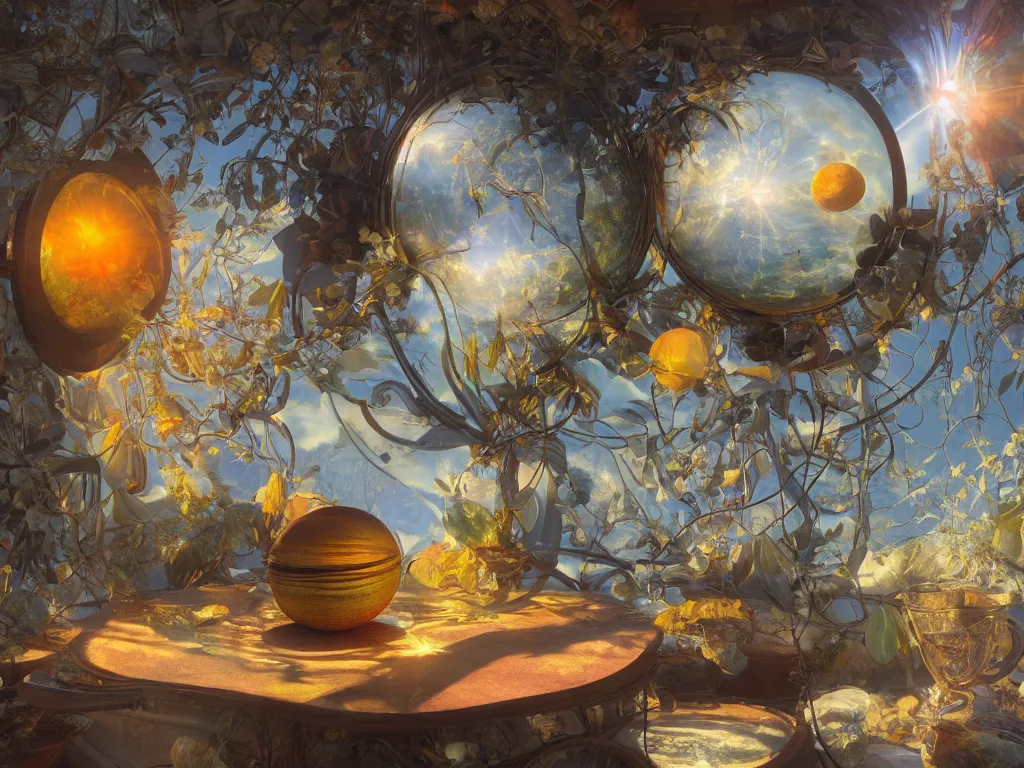 Image similar to 3 d render, sunlight study, the universe is a spheroid region 7 0 5 meters in diameter, art nouveau, by jan davidz de heem and ( ( ( ( ( lisa frank ) ) ) ) ), 8 k, sharp focus, octane render