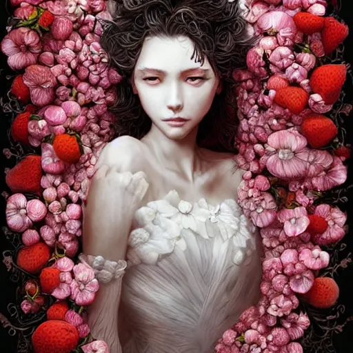 Prompt: the face of an absurdly beautiful, graceful, elegant, sophisticated young woman made of strawberries and white petals with tears, an ultrafine hyperdetailed illustration by kim jung gi, irakli nadar, intricate linework, bright colors, octopath traveler, final fantasy, unreal engine 5 highly rendered, global illumination, radiant light, detailed and intricate environment