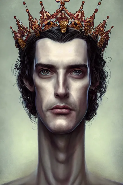 Image similar to portrait of a tall thin man wearing an elaborate crown, straight on portrait, by artgerm, tom bagshaw, gerald brom, vaporwave colors, lo fi colors, vaporwave, lo fi, 2 point studio lighting, dramatic lighting, creepy aesthetic, 4 k, hd,