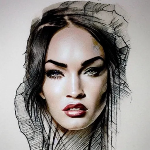 Image similar to megan fox face in the shape of beautiful mountains, double exposure effect, medium sized tattoo sketch, amazing detail, on pinterest