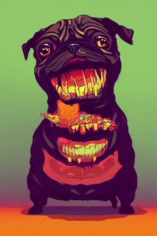 Image similar to demon pug eating flesh. art by mike winkelmann, sticker, colorful, illustration, highly detailed, simple, smooth and clean vector curves, no jagged lines, vector art, smooth, artstation