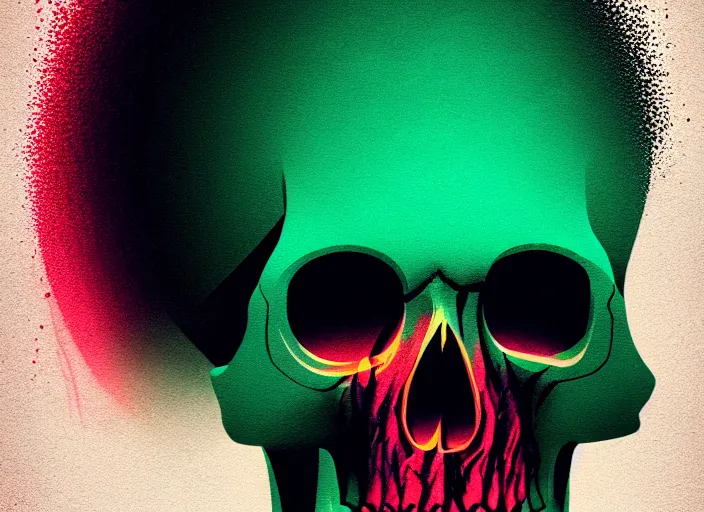 Image similar to portrait of a zombie skull, colorful, modern art deco, mads berg, karolis strautniekas, christopher balaskas, stippled light, fog, moody, fine texture, editorial illustration, dramatic lighting, dynamic composition, detailed, matte print, dynamic perspective, muted color