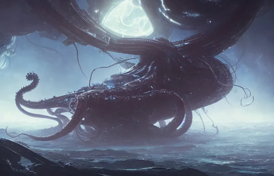 Prompt: futuristic space kraken deep in the cosmos, beautiful galaxy background, eldritch horror, character art by Greg Rutkowski, 4k digital render