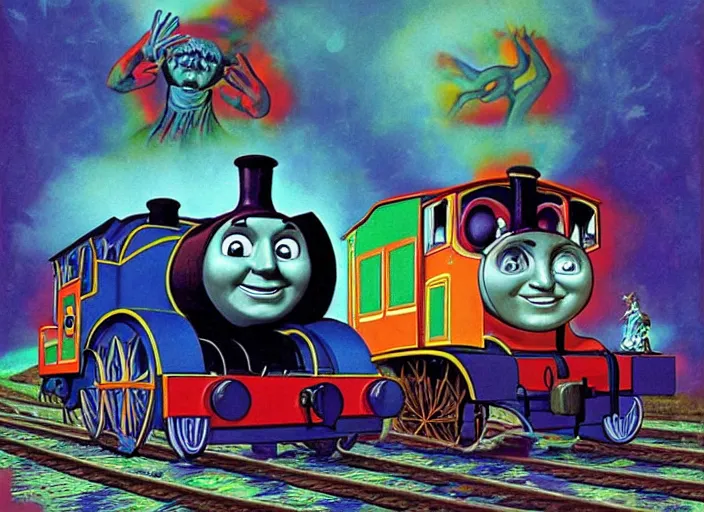 Prompt: psychedelic art of thomas the tank engine meeting god, in the style of michael whelan and james gurney and wayne barlowe