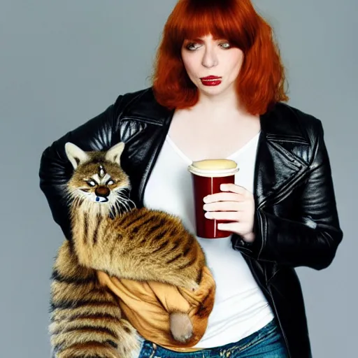 Image similar to a photo by arbus of a slender beautiful woman with straight ginger hair and bangs, wearing purple leathers and gold helmet, posing with large ginger tabby and raccoon on a motorcycle in her front yard, holding coffee mug and toasted brioche bun, fashion photography, dramatic lighting, 8 5 mm lens