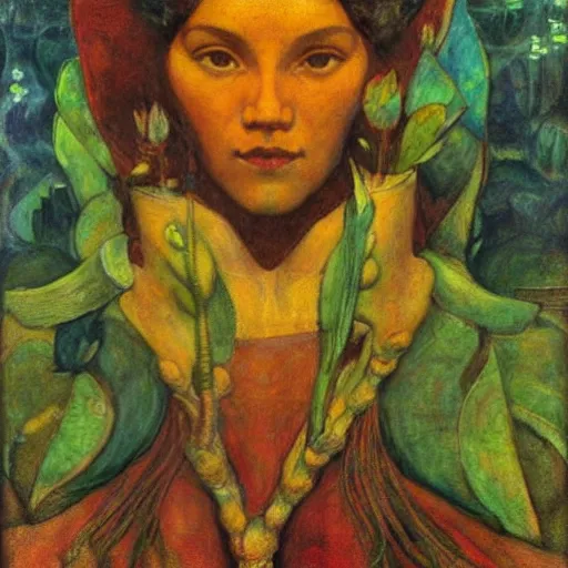 Image similar to the river crown, by Annie Swynnerton and Nicholas Roerich and Diego Rivera, green skin, elaborate costume, geometric ornament, rich color, dramatic cinematic lighting, smooth, sharp focus, extremely detailed