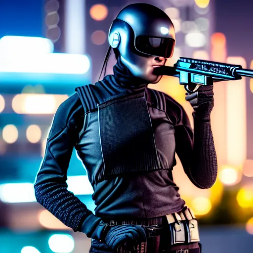 Image similar to photographic portrait of a techwear woman holding a shotgun, closeup, on the rooftop of a futuristic city at night, sigma 85mm f/1.4, 4k, depth of field, high resolution, 4k, 8k, hd, full color, Robocop, Die Hard, movies with guns, movie firearms, face closeups