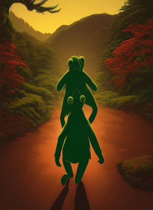 Prompt: Twin Peaks poster artwork by Michael Whelan and Tomer Hanuka, Rendering of Kermit the Frog walking to school, full of details, early morning light, sunrise, golden hour, by Makoto Shinkai and thomas kinkade, Matte painting, trending on artstation and unreal engine
