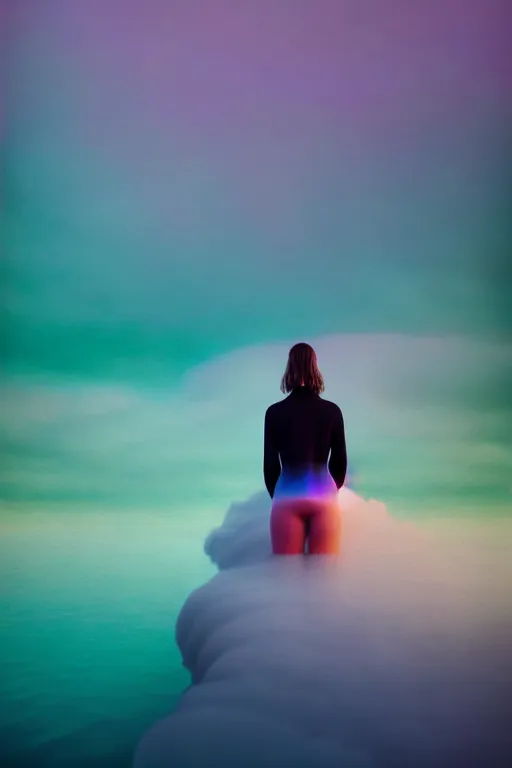 Image similar to high quality pastel coloured film close up wide angle photograph of a model wearing clothing swimming on cloud furniture in a icelandic black rock!! environment in a partially haze filled dreamstate world. three point light, rainbow. photographic production. art directed. pastel colours. volumetric clouds. pastel gradient overlay. waves glitch artefacts. extreme facial clarity. 8 k. filmic.