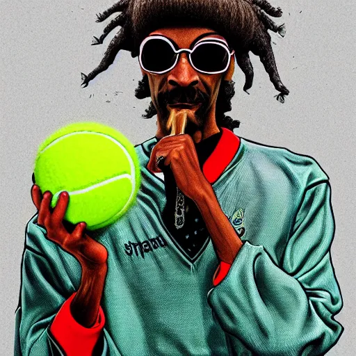 Image similar to snoop dogg tennis ball monster ,tennis ball, digital art, smoke, fantasy,chalk, magic, trending on artstation, ultra detailed, professional illustration by Basil Gogos