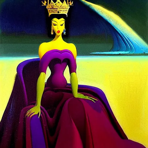 Image similar to a beautiful painting of a queen in a designer dress sitting on a throne, by bruce pennington, by eyvind earle, nicholas roerich, by frank frazetta, by georgia o keeffe, by dean cornwell, highly detailed, contest winner, eerie, ominous, tonalism, jewels, rich baghdad, oriental, desaturated, anime