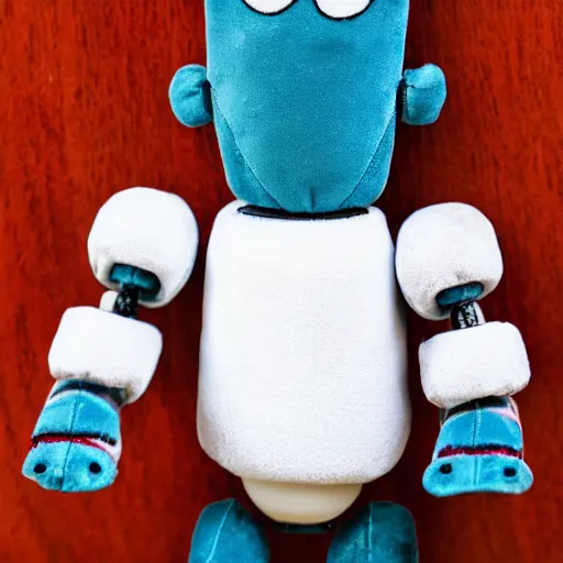 Prompt: a plush robot toy holding a bloody knife. Product photo.